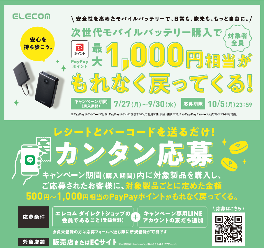 モバイルバッテリー購入キャンペーン開催!最大1,000円相当のPayPayポイント還元